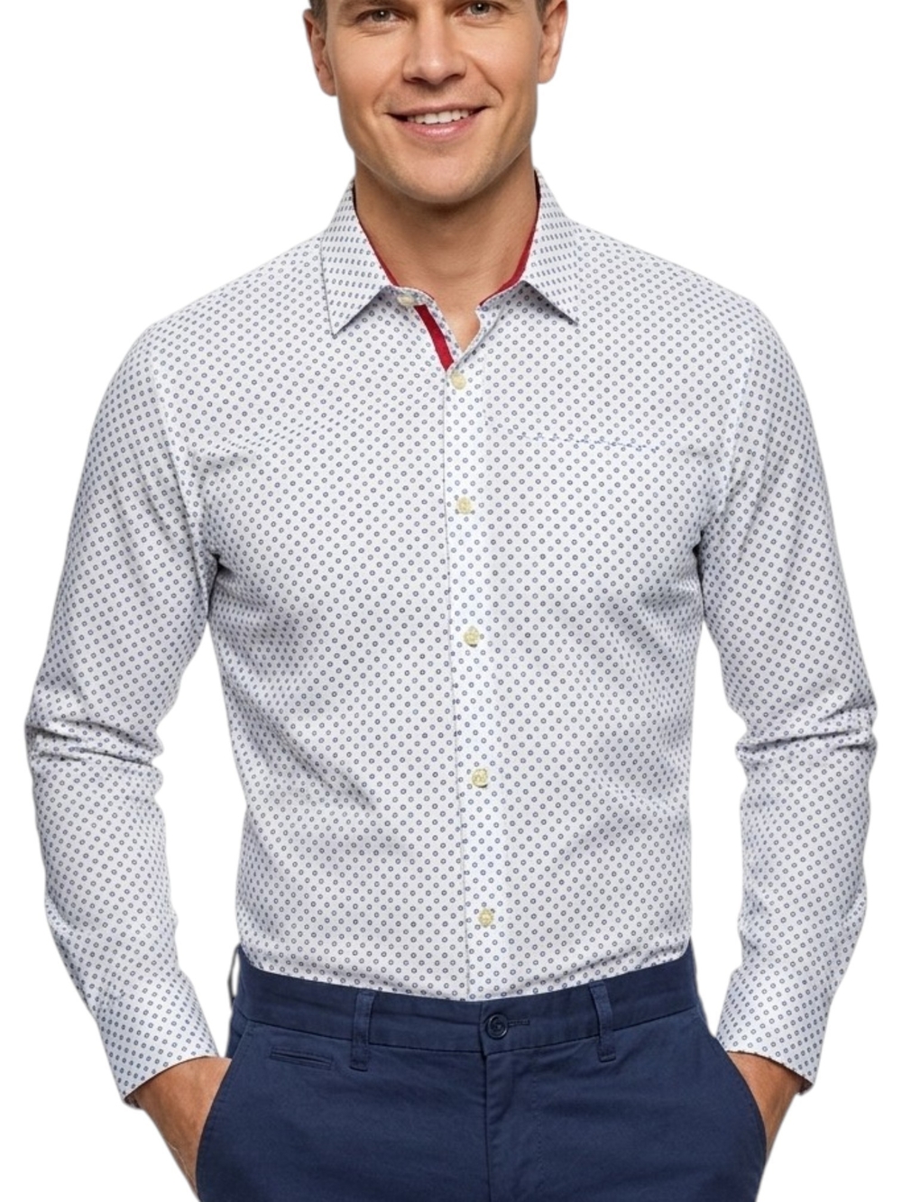 AXIST Mens Stretch Dress Shirt Large Blue White Geo Floral Print Long Sleeve